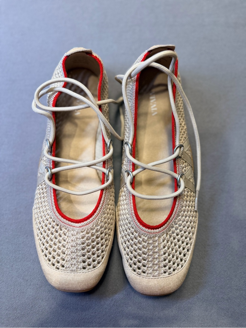 VIVAIA Women's Beige Knit Lace-Up Flats Red Trim Round Toe Comfort EU 38.5